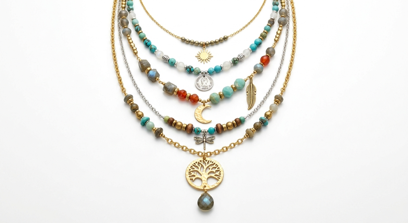 Hero shot of mixed metal layered pendant necklace on white studio background, showcasing boho beads and artisan style